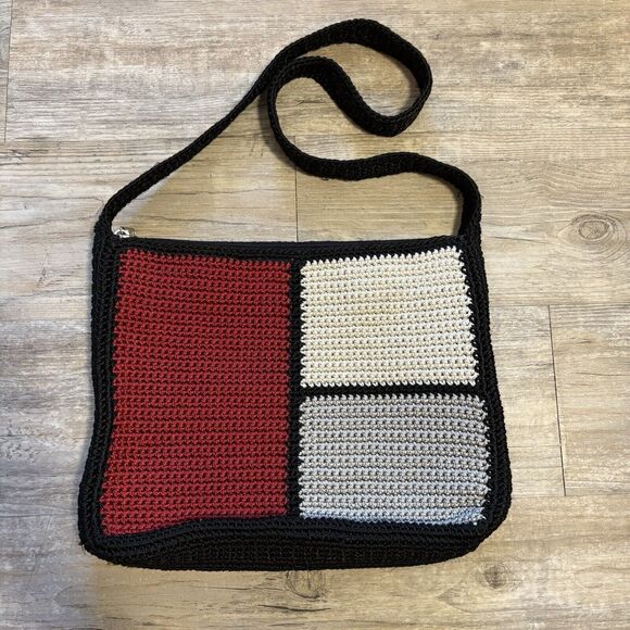 The Sak Tan Crochet Handbag Colorful Square Geometric Artsy Design - Picture 1 of 10
